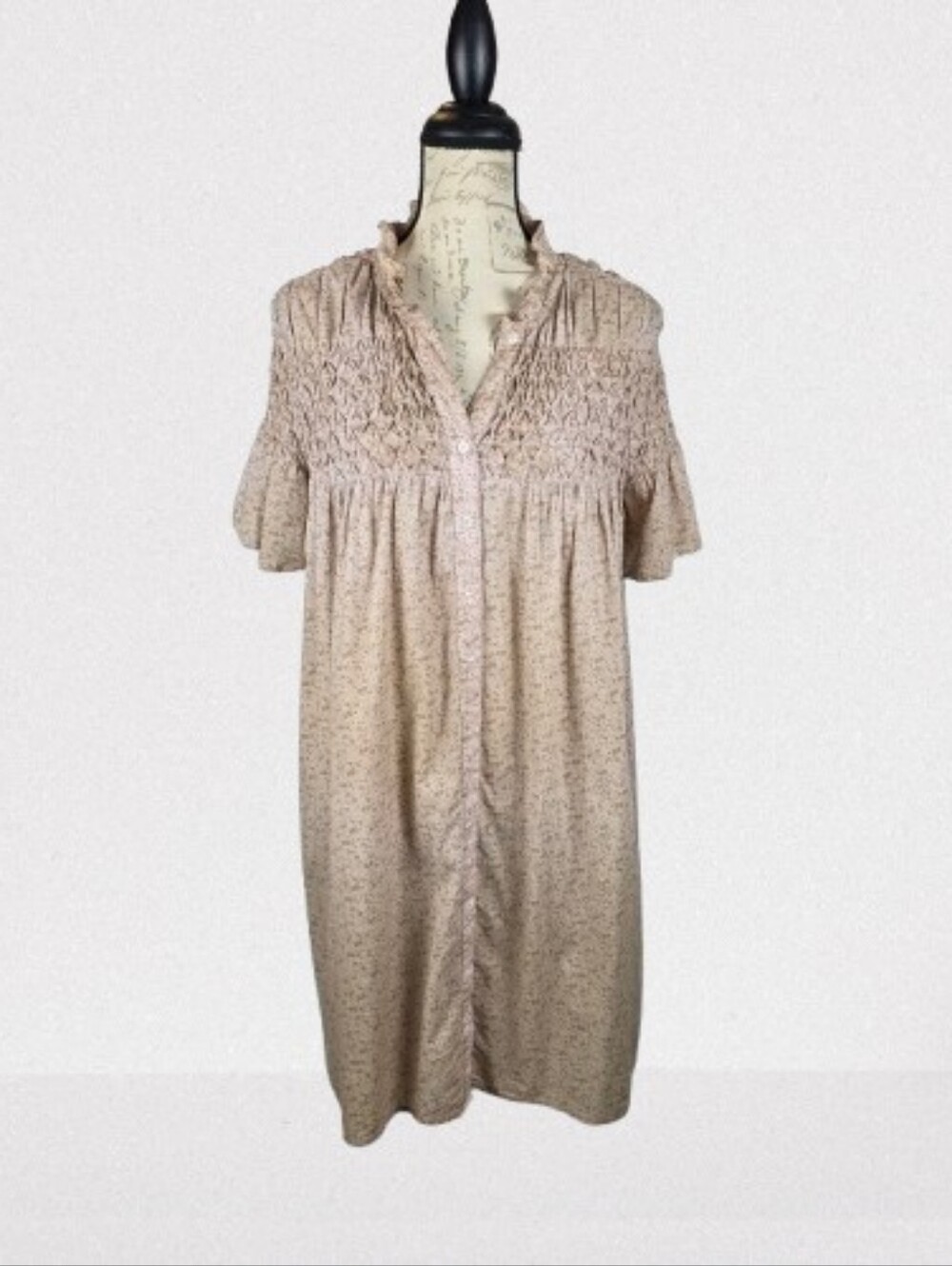 Olympia Etal Ireland Tan Calico Smocked Button-Front Dress Women's S
